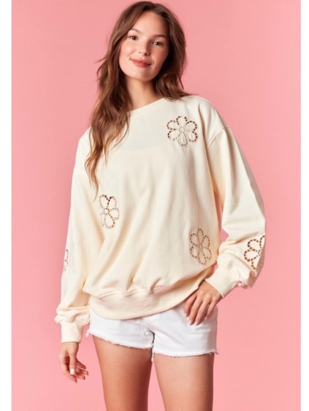Peach Love California Cream Floral Eyelet Sweatshirt